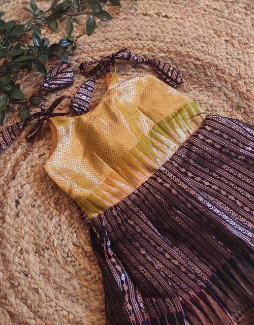 Yellow & Brown Brocade Frock with Tie Knot - KP003