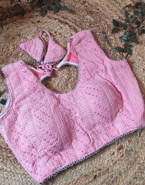 Pink Chikankari Sleeveless Blouse with Hanging Beads - RB008