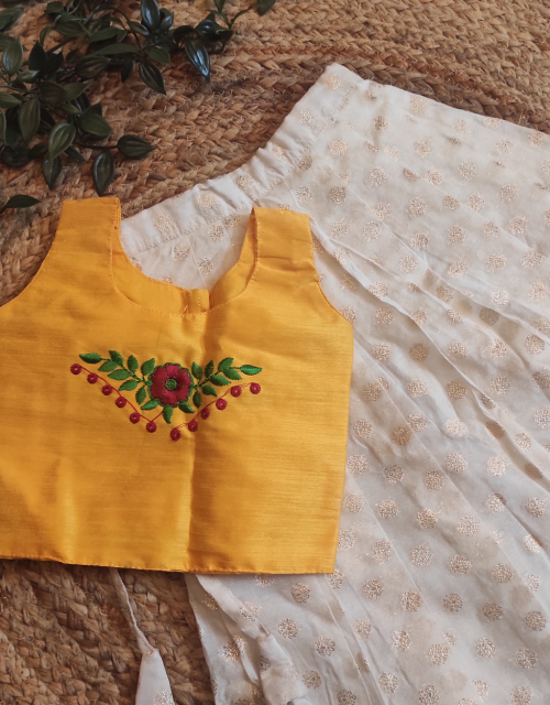 Yellow floral Embroidery Sleeveless Top with White & Golden Butta Skirt - KP002