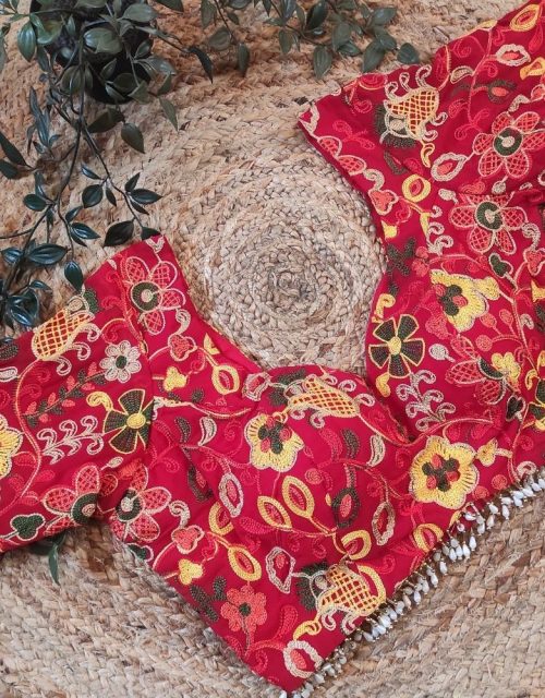 Red Blouse with Multicolor Thread Work & Hanging Beads - RB007