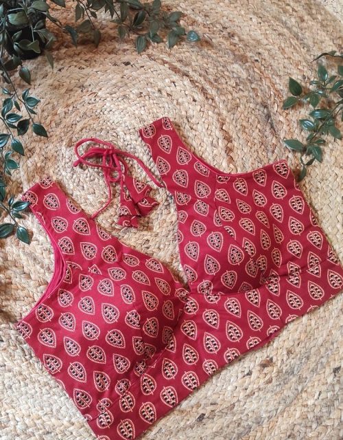 Maroon Cotton Printed Blouse with Sleeves (Padded) - RB013