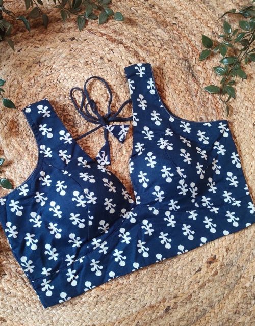 Blue Cotton Printed Blouse with Sleeves (Padded) - RB012