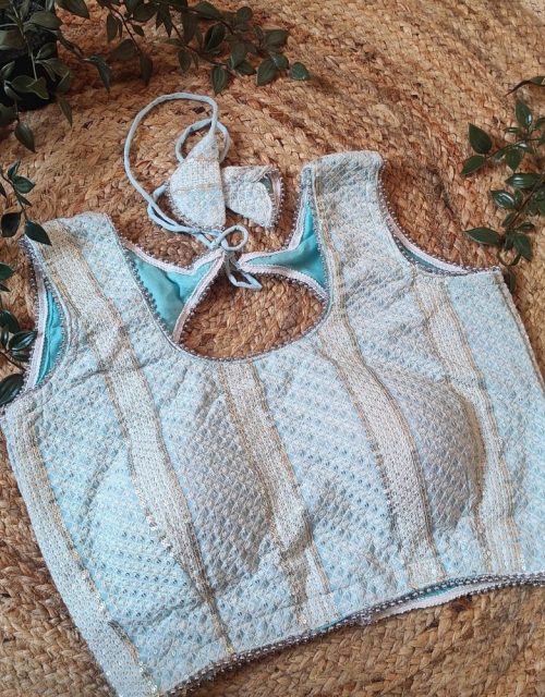 Teal Chikankari Sleeveless Blouse with Beaded Lace - RB009