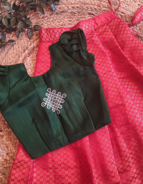 Green Kolam Embroidery Puff Sleeve Top with Red Brocade Skirt - KP005