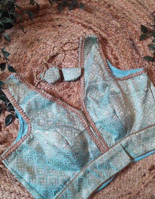 Light Teal Brocade Blouse with Stone Work (Sleeveless) - RB005