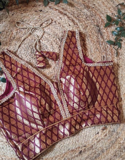 Maroon Brocade Blouse with Stone Work (Sleeveless) - RB006