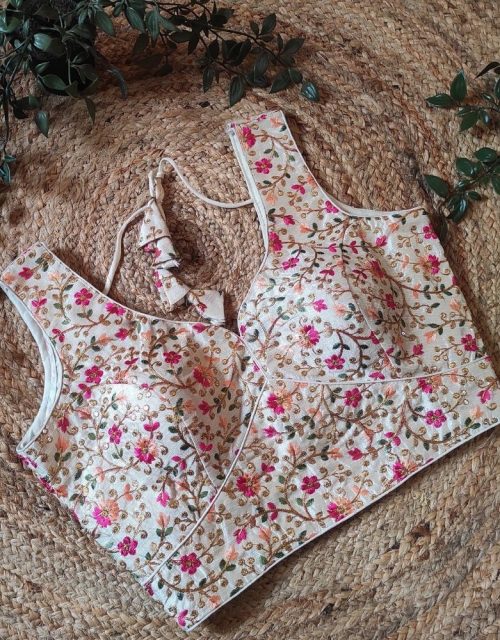 White Silk Cotton Blouse with Multi-Color Embroidery - RB001