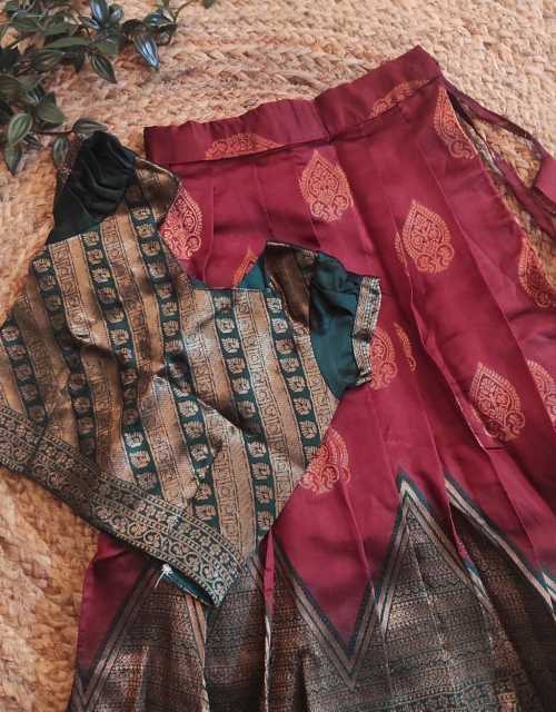Dark Green & Brown Brocade Puff Sleeve Top with Matching Skirt - KP004