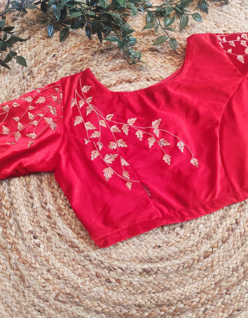 Red Velvet Blouse with Golden Embroidery & Boat Neck - RB019
