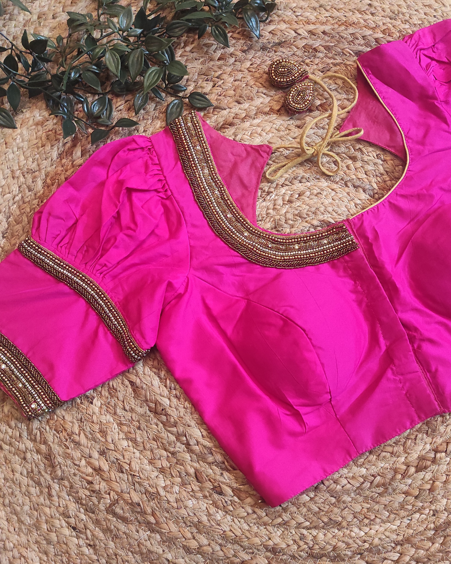 Silk Cotton Beads Work Blouse with Puff Sleeves (Pink & Blue) - BR003 - Image 4