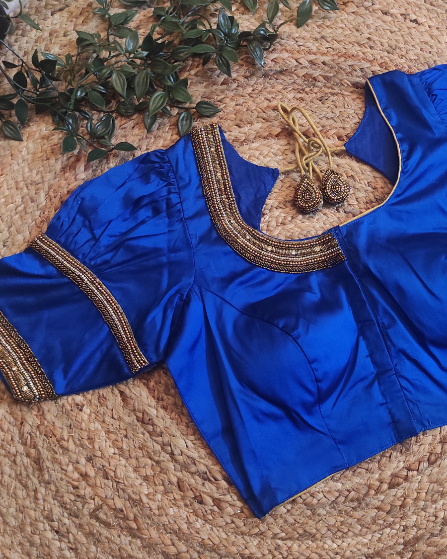 Silk Cotton Beads Work Blouse with Puff Sleeves (Pink & Blue) - BR003