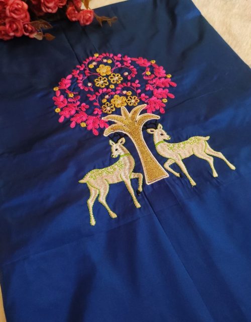 Deer Design Blouse – Blue Silk Cotton - EM008