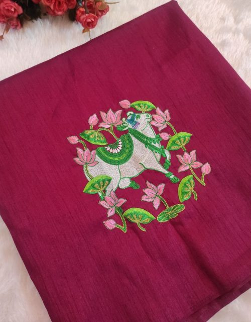 Cow & Lotus Design Blouse – Purple Raw Silk - EM010