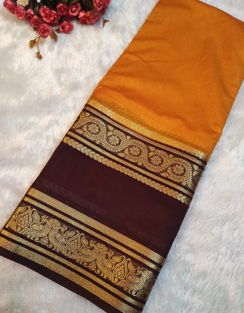 Semi Mysore Crepe  2-D Pattern (Peacock design - Mustard yellow with brown)-SM02A