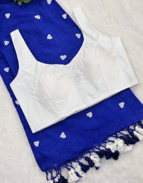 Blue khadi cotton saree with beautiful embroidery work with white color Phantom silk ready to wear blouse SB014
