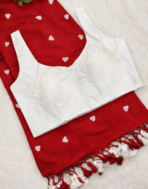 Red khadi cotton saree with beautiful embroidery work with white color Phantom silk ready to wear blouse SB013