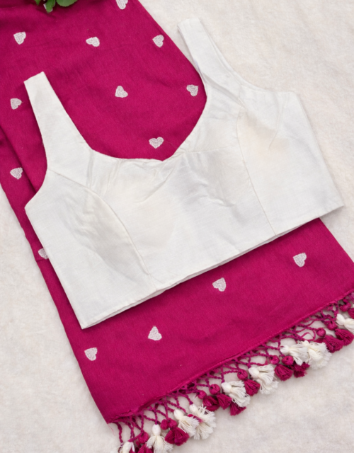 Pink khadi cotton saree with beautiful embroidery work with white color Phantom silk ready to wear blouse SB015
