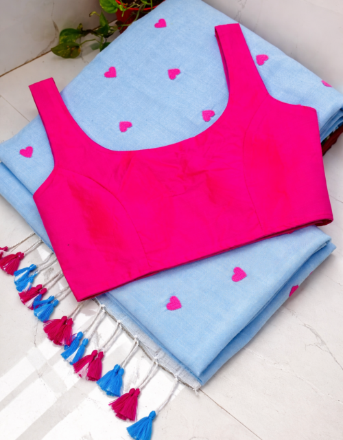 Sky blue khadi cotton saree with beautiful embroidery work with Pink color Phantom silk ready to wear blouse SB016