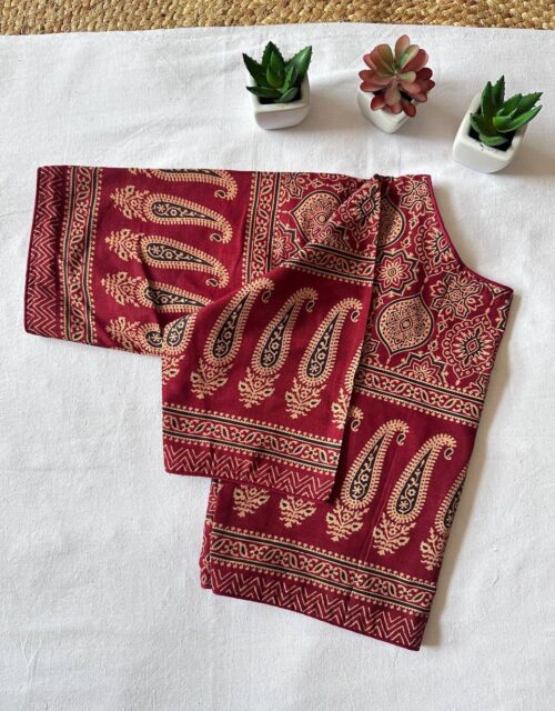 Maroon color pure cotton blouse with ajrakh printed work RB024
