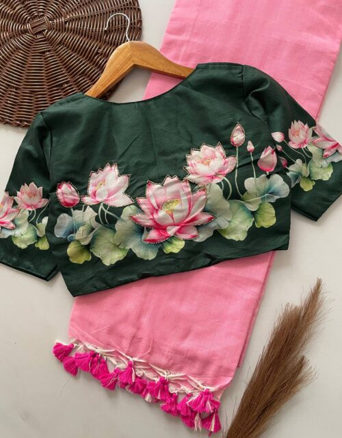 Baby pink color fancy khadi cotton saree with raw silk printed ready made blouse SB009
