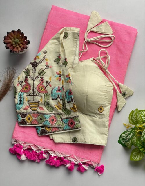 Baby pink color fancy khadi cotton saree with khadi cotton ready made blouse SB007
