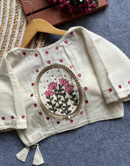 White flex cotton readymade blouse with handwork and foil mirror work RB026