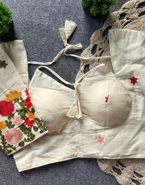 White color heavy khadi cotton blouse with embroidery work RB023
