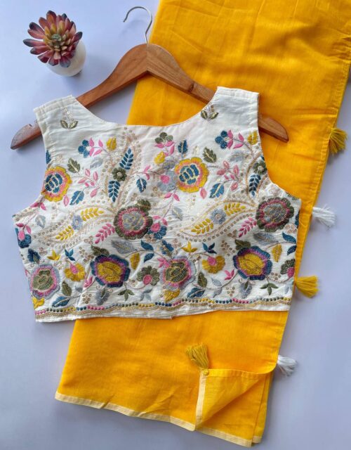 Yellow color fancy chanderi cotton saree with khadi cotton ready made blouse SB006