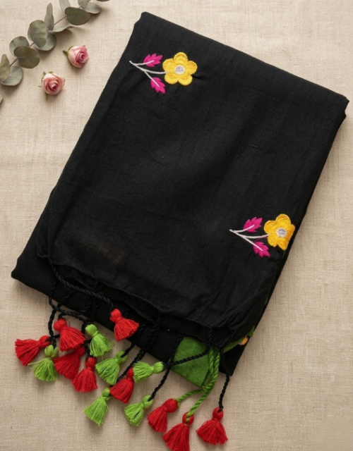 Black Khadi Cotton Saree with Floral Embroidery & Tassels - KC001