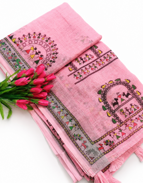 Pink Madhubani Cotton Linen Saree - KC005