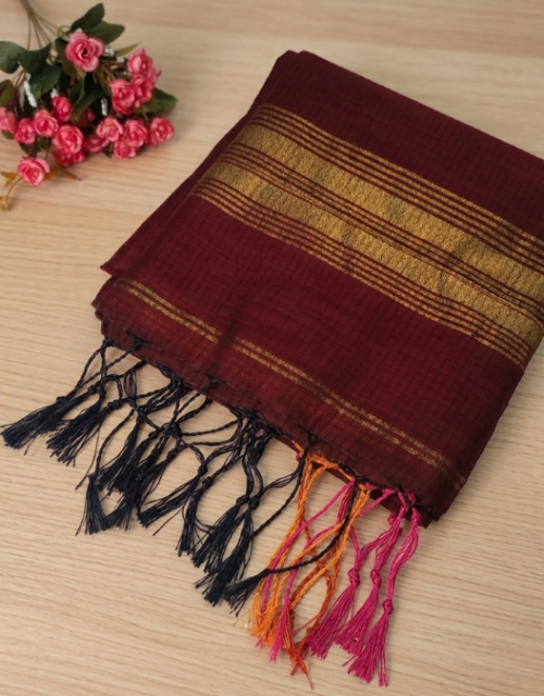 Classic Maroon Handloom Cotton Saree with Gold Border - CB001