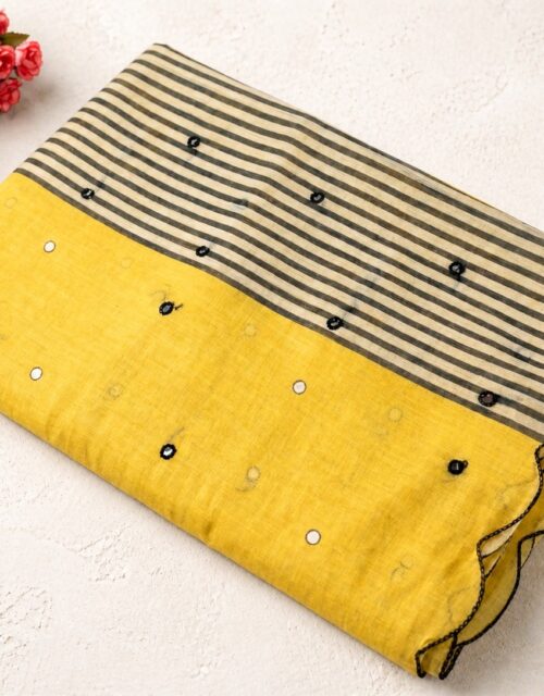 Yellow Cotton Saree with mirror work & Attached Blouse Piece - KC002
