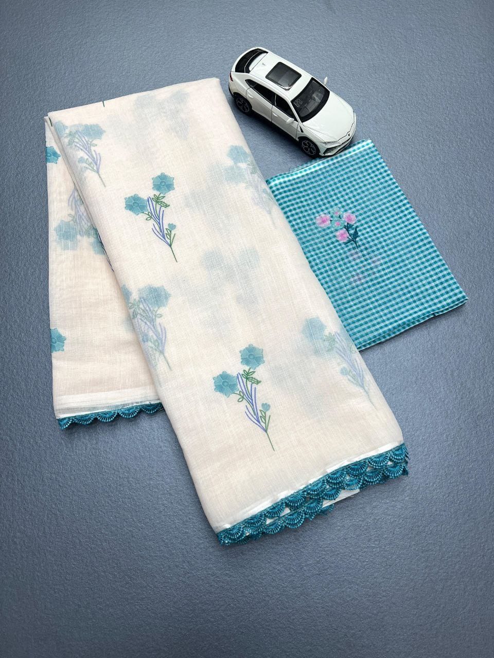 Sky blue color original mixed linen cotton saree with digital printed work - KC011 - Image 2