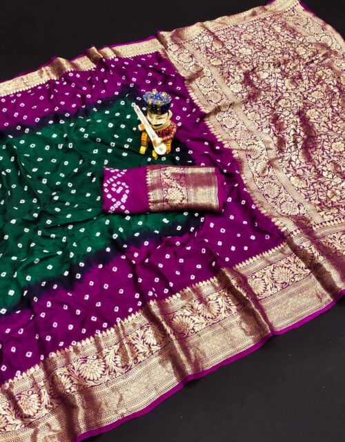 Purple & Green colour pure hand bandhej bandhani saree with kanchi zari weaving border & pallu - KC013