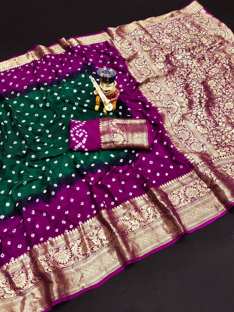 Purple & Green colour pure hand bandhej bandhani saree with kanchi zari weaving border & pallu - KC013
