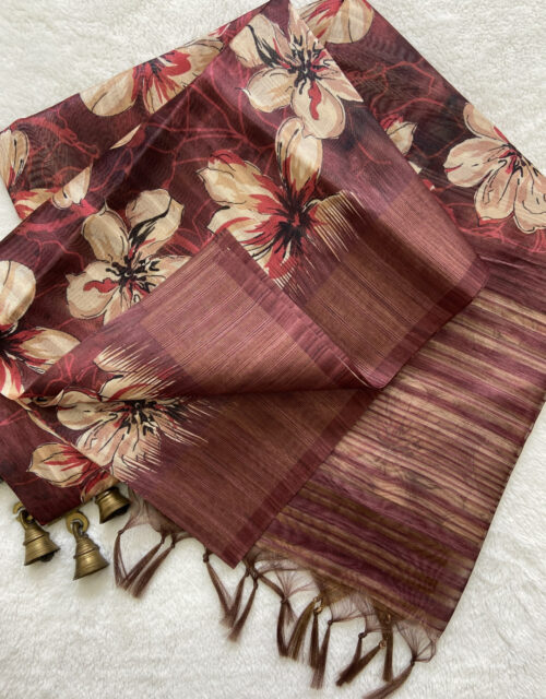 Magenta color soft tussar silk saree with digital printed and zari weaving work - KC012