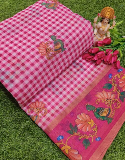 Checked Linen Cotton Saree with Digital Print - KC015