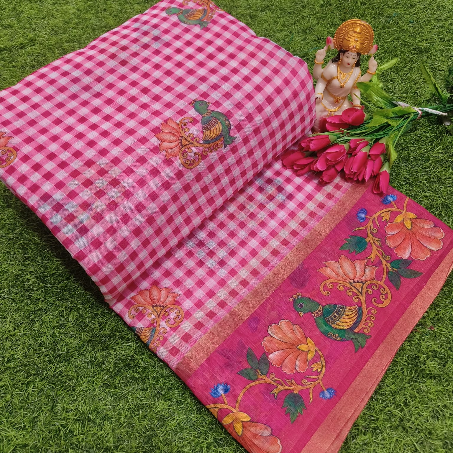 Checked Linen Cotton Saree with Digital Print - KC015