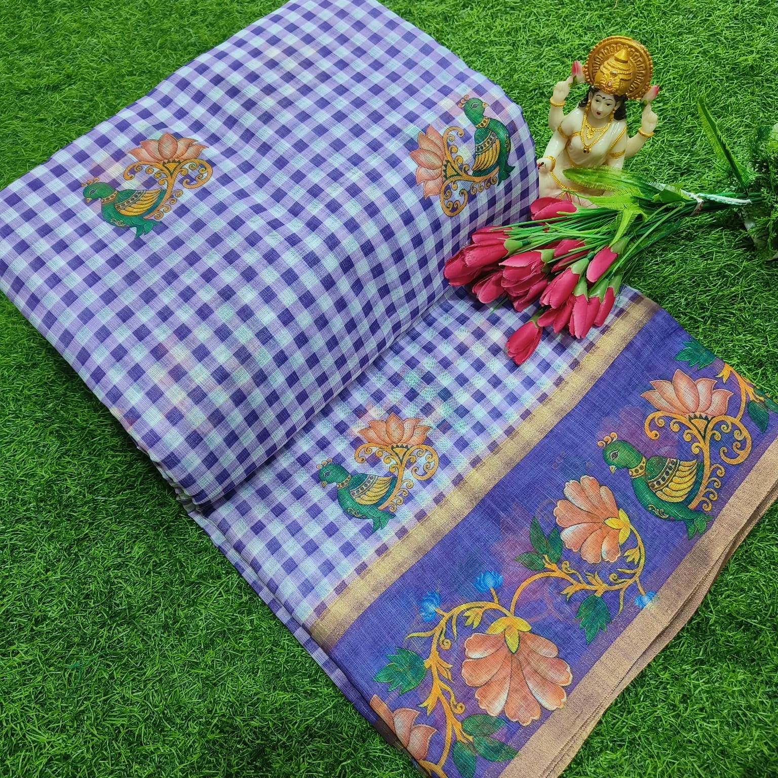 Checked Linen Cotton Saree with Digital Print - KC015 - Image 4