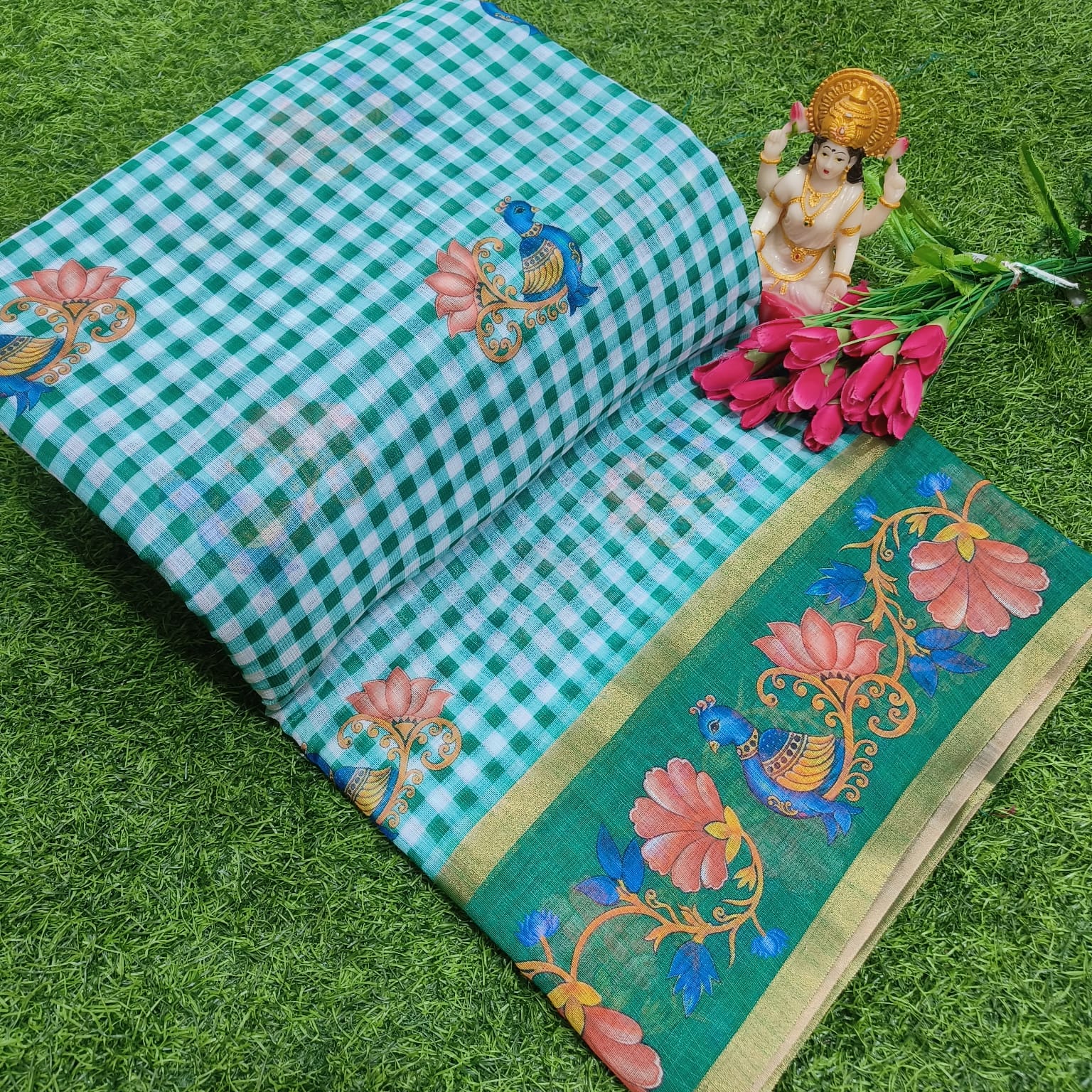 Checked Linen Cotton Saree with Digital Print - KC015 - Image 5