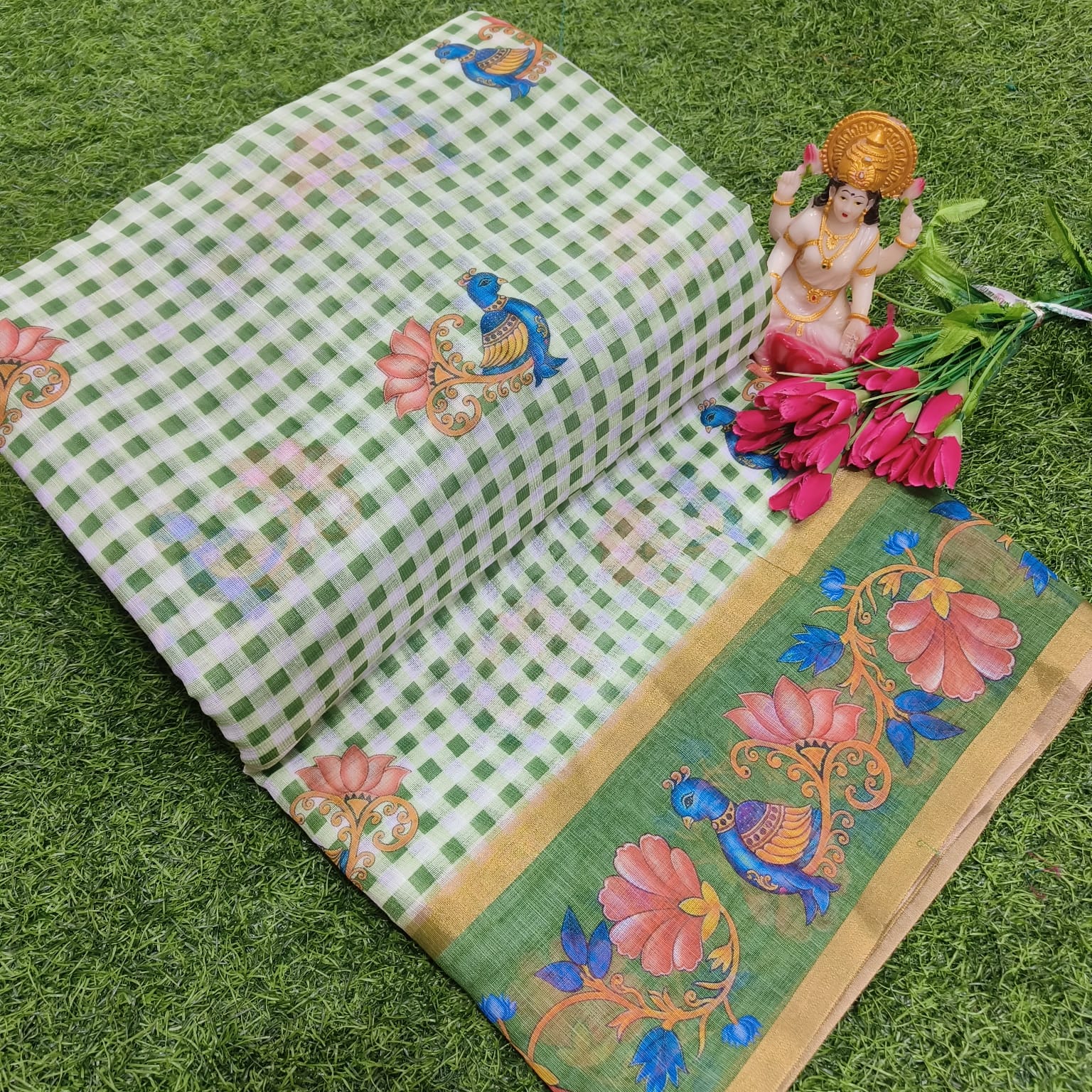 Checked Linen Cotton Saree with Digital Print - KC015 - Image 3