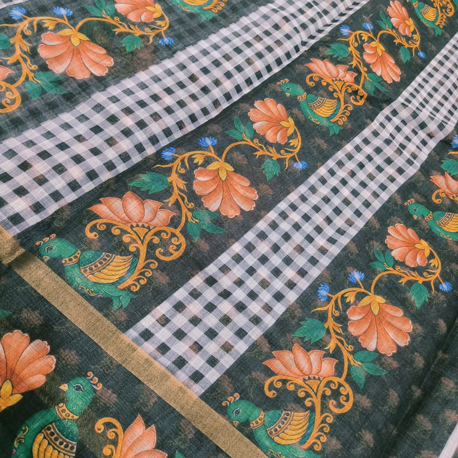 Checked Linen Cotton Saree with Digital Print - KC015 - Image 7