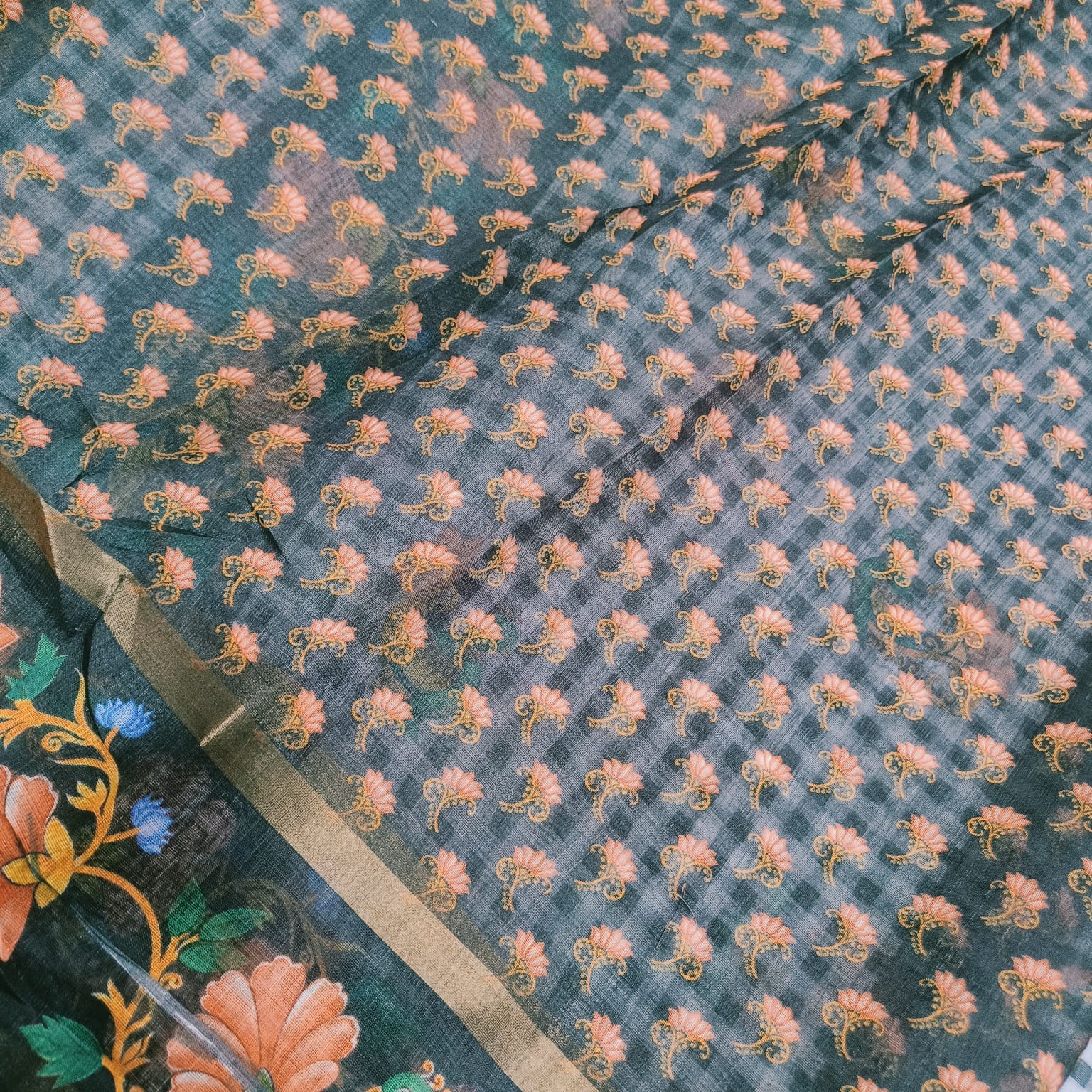 Checked Linen Cotton Saree with Digital Print - KC015 - Image 8
