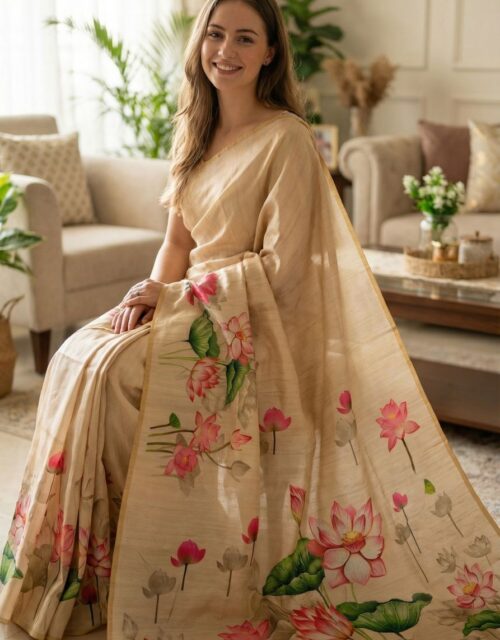 Beige color soft tussar silk saree with lotus floral printed work - KC010