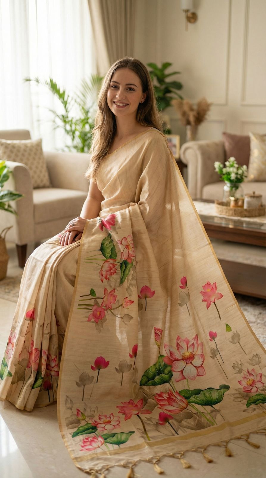 Beige color soft tussar silk saree with lotus floral printed work - KC010