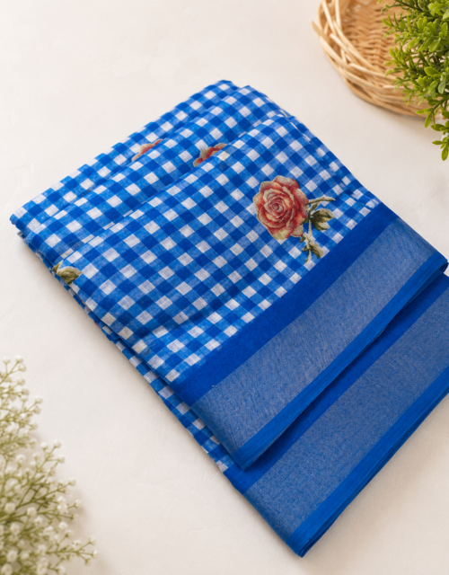 Checked Linen Cotton Saree with floral Print - KC016