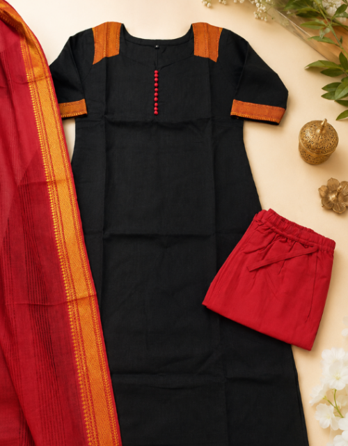 Elegant Black Cotton Kurti Set with Contrast Dupatta - TK001